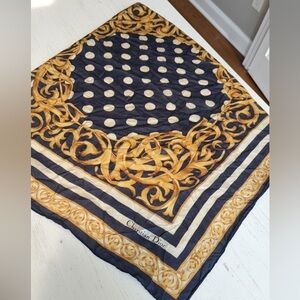 VINTAGE Christian Dior Silk Scarf 32" Baroque Polka Dot Stripe Navy Gold Blue